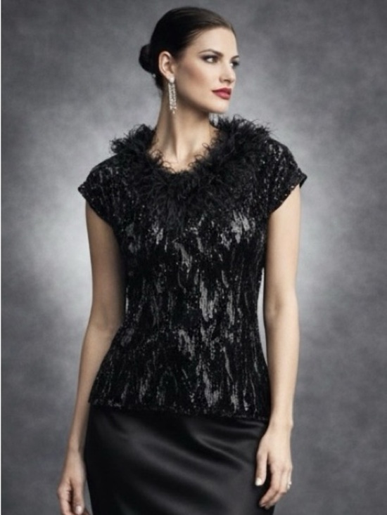 Joseph Ribkoff Tops - Vintage Joseph Ribkoff Black Burnout Velvet Ostrich Feather Top Evening Glam